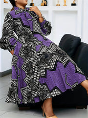  Colorblock Geometric Print Lantern Sleeve Midi Dress