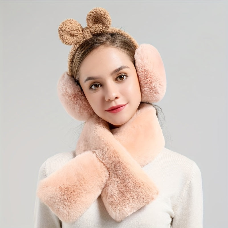 Women's Plush Teddy Bear Ear Warmers Soft Pink Cold Weather