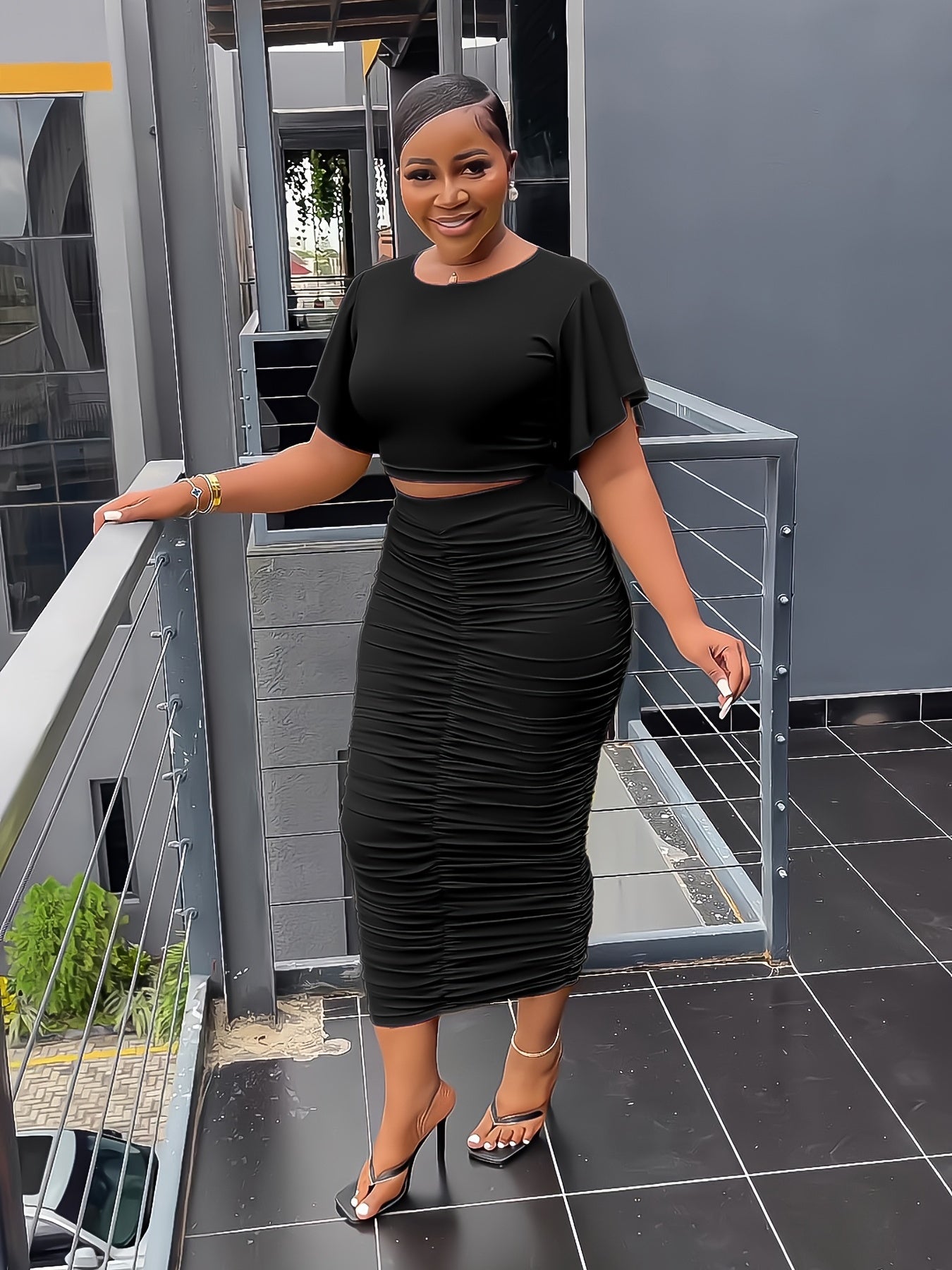 Solid Two Piece Set Flared Sleeve Crop T-shirt & Ruched Midi Skirts