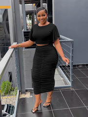 Solid Two Piece Set Flared Sleeve Crop T-shirt & Ruched Midi Skirts