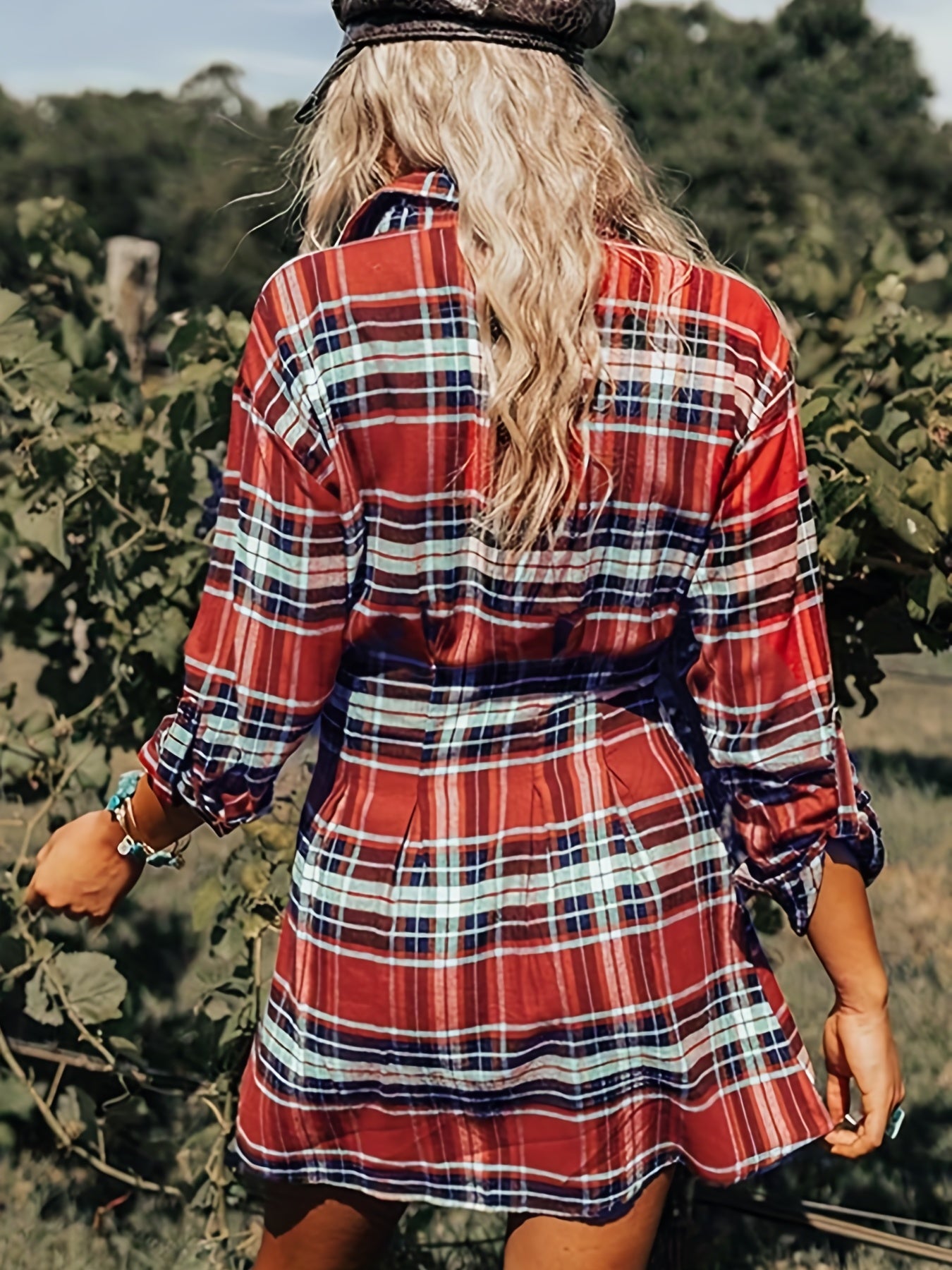  Plaid Print Roll Up Sleeve Shirt Dress
