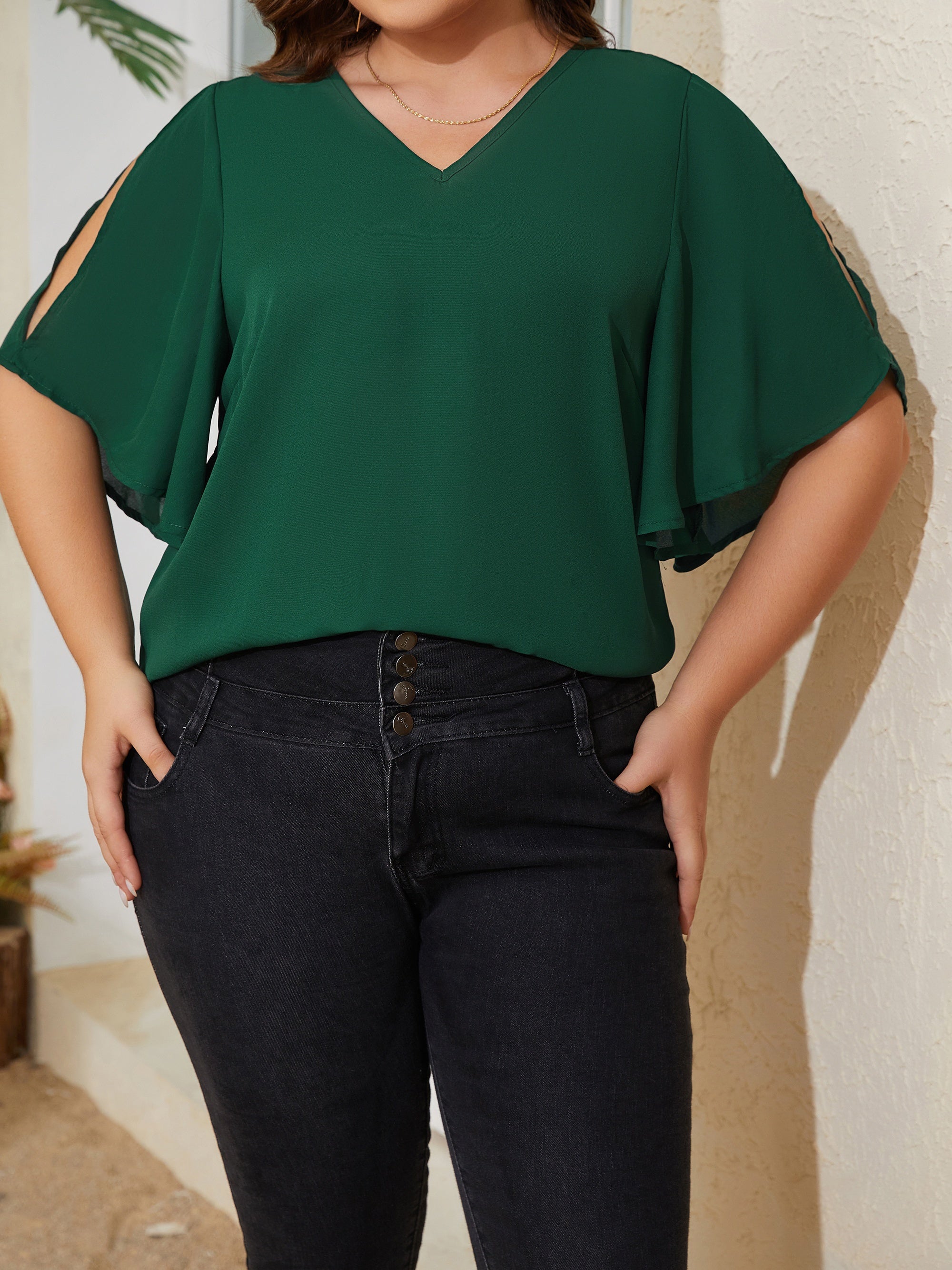  V Neck Cut Out Butterfly Sleeve Blouse