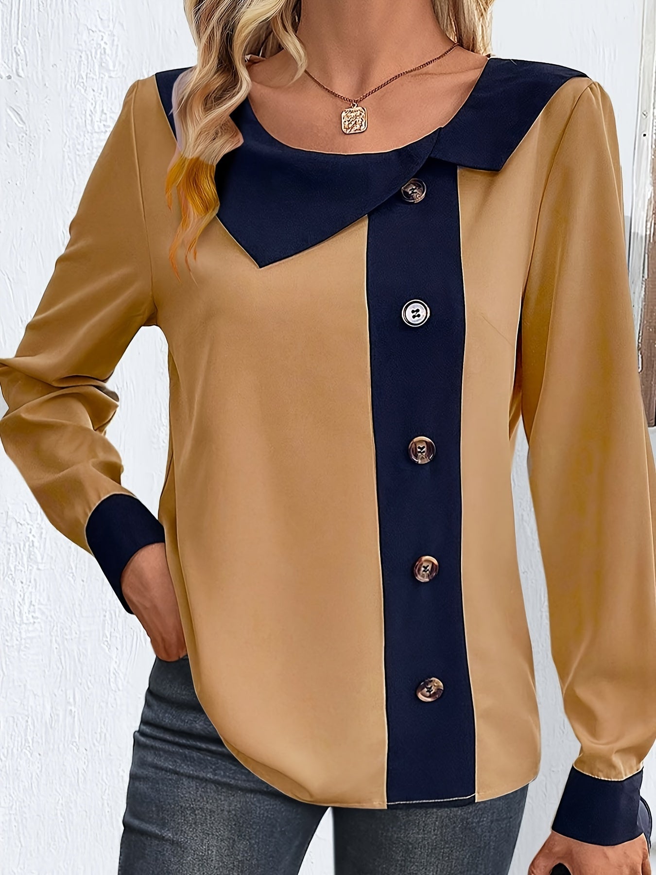  Colorblock Long Sleeve Blouse