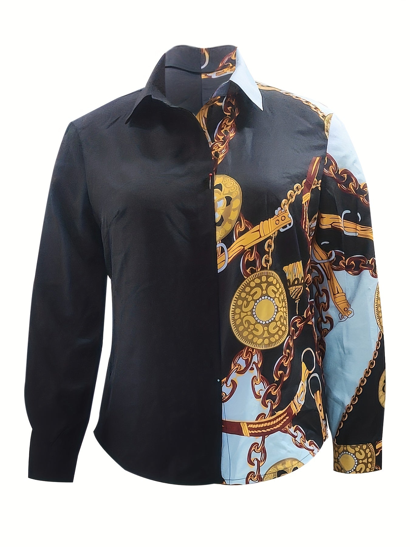  Colorblock Chain Print Long Sleeve Button Up Shirt
