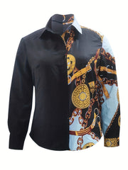  Colorblock Chain Print Long Sleeve Button Up Shirt