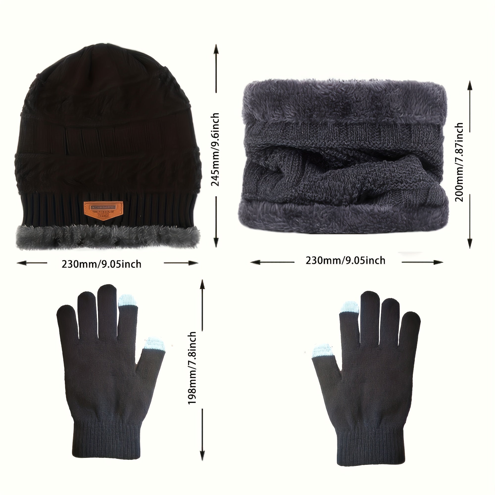 Winter Fleece lined Knit Hat Scarf Touch Gloves 3pc Set