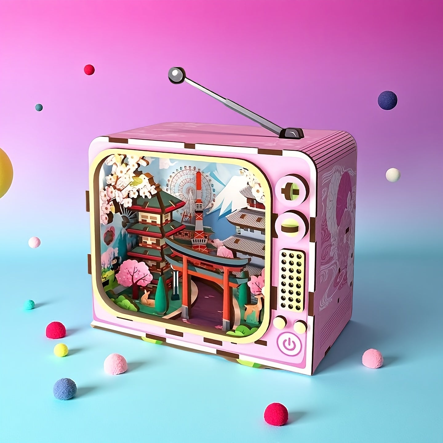 3D Puzzle DIY Kit Japanese TV Scene Cherry Blossoms Pagoda Decor Figurine
