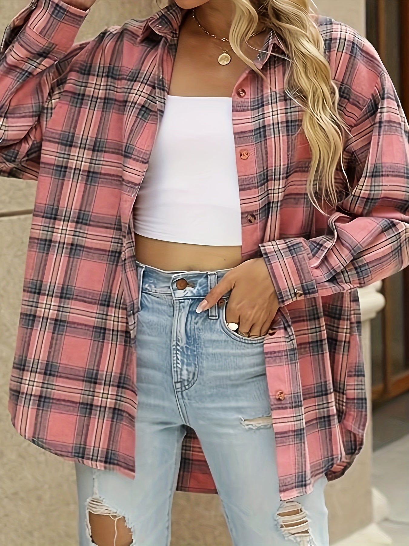  Plaid Print Long Sleeve Button Up Loose Fit Shirt