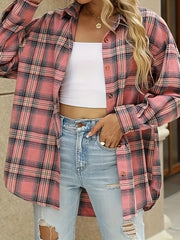  Plaid Print Long Sleeve Button Up Loose Fit Shirt