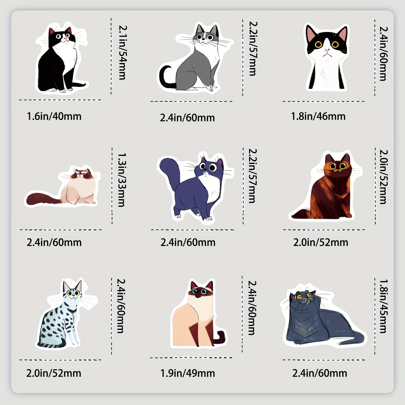 50pcs Cartoon Cat Waterproof Stickers Realistic Doodle Mixed Vinyl Stickers
