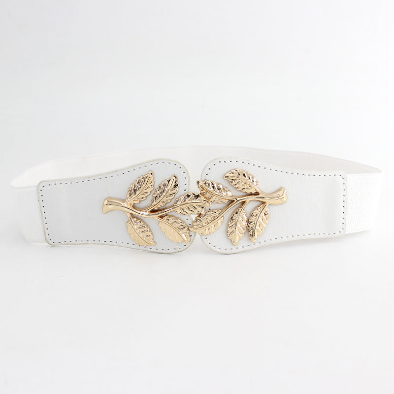 Metal Leaf Decoration Thin Elastic Waist Belt For Women