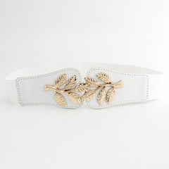 Metal Leaf Decoration Thin Elastic Waist Belt For Women