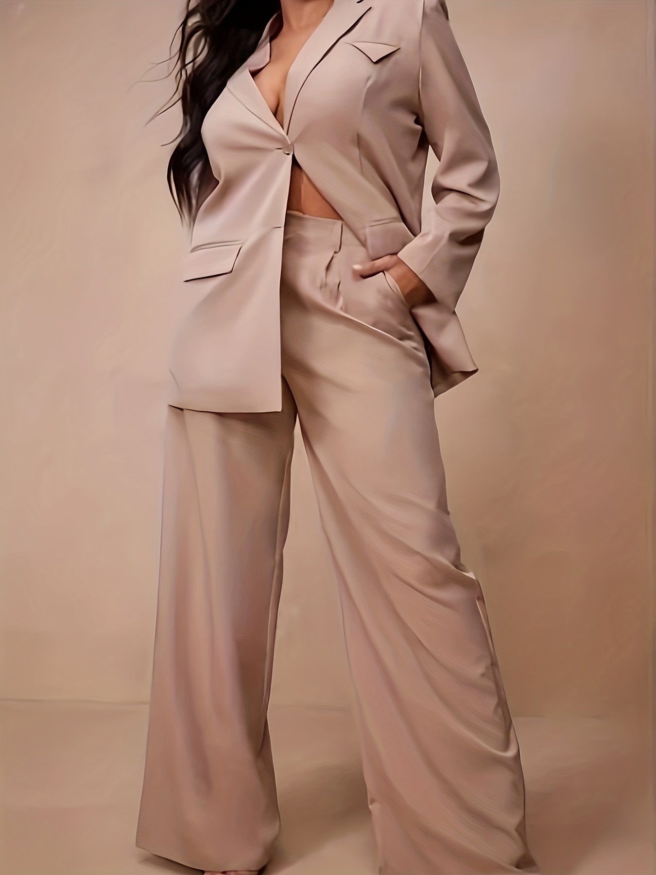  Solid Blazer & Loose Pants Set