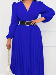  Solid Lantern Sleeve Pleated Dress