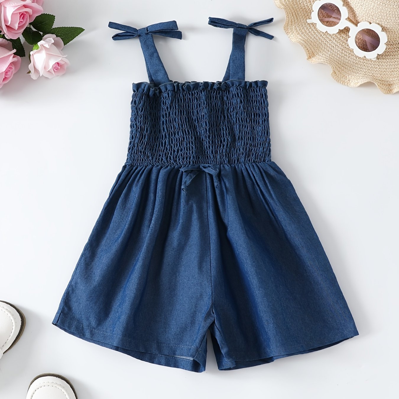 Toddler Girls Shirred Frill Trim Bow Cami Romper Jumpsuit
