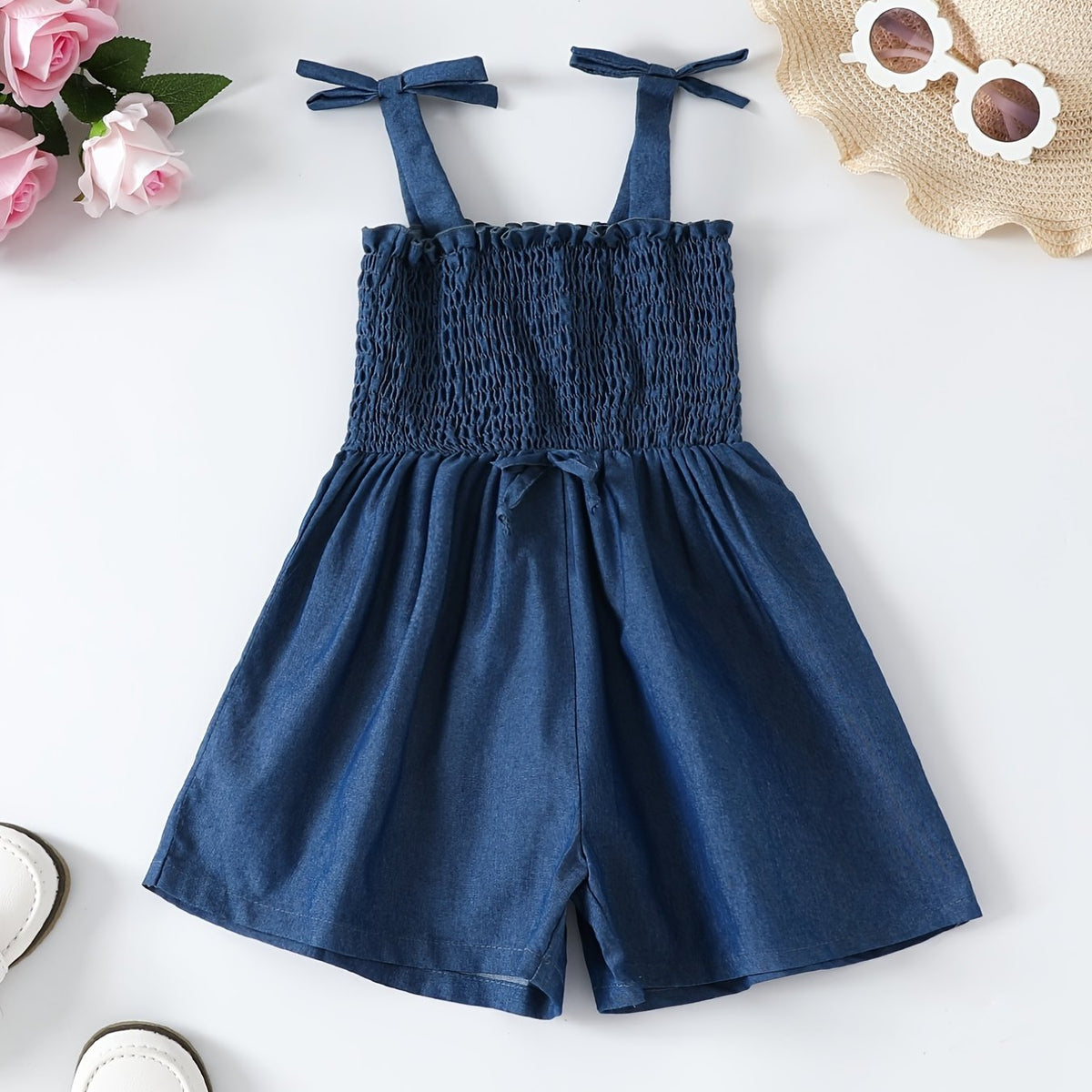 Toddler Girls Shirred Frill Trim Bow Cami Romper Jumpsuit