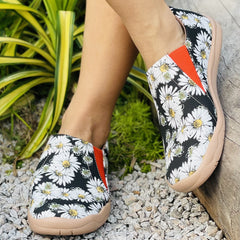 Women's Daisy Print Canvas Shoes Lightweight Low Top Slip On Flat Shoes