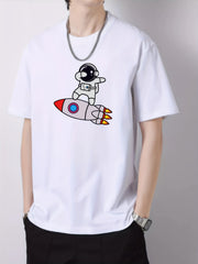 Rocket & Astronaut Pattern Print Men's Graphic Cotton Crew Neck T-shirt