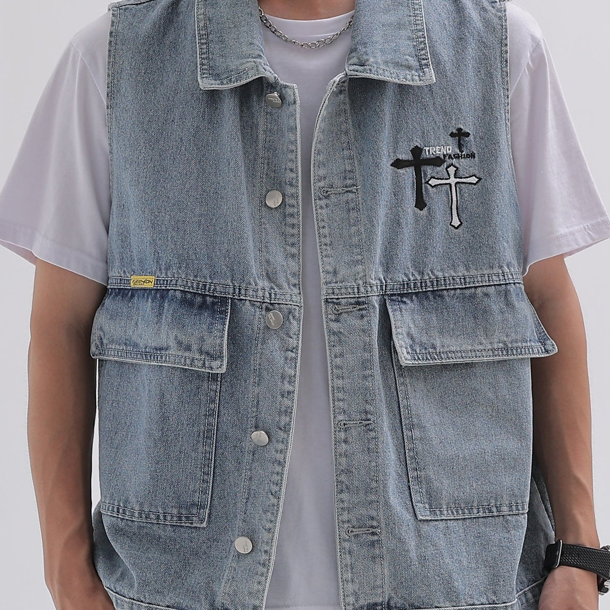 Men's Classic Crucifix Pattern Denim Vest Street Style Waistcoat Spring Summer