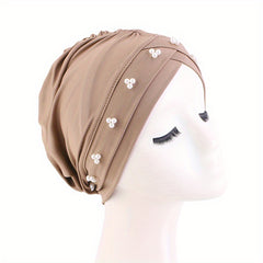 Faux Pearl Decor Turban Cap Solid Beanie Ruched Head Wrap