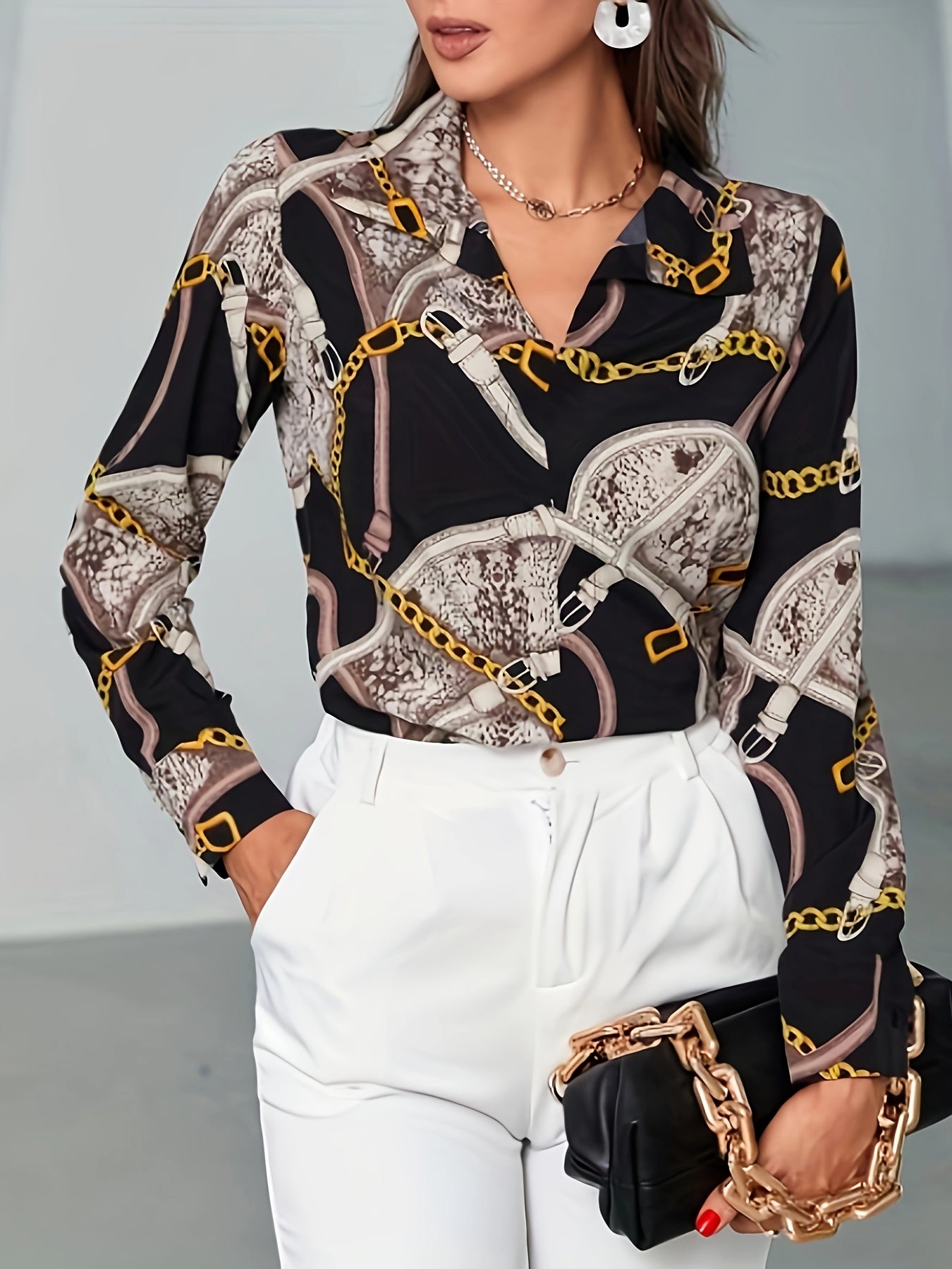  Casual Blouse Women's Plus Chain & Snakeskin Print Long Sleeve