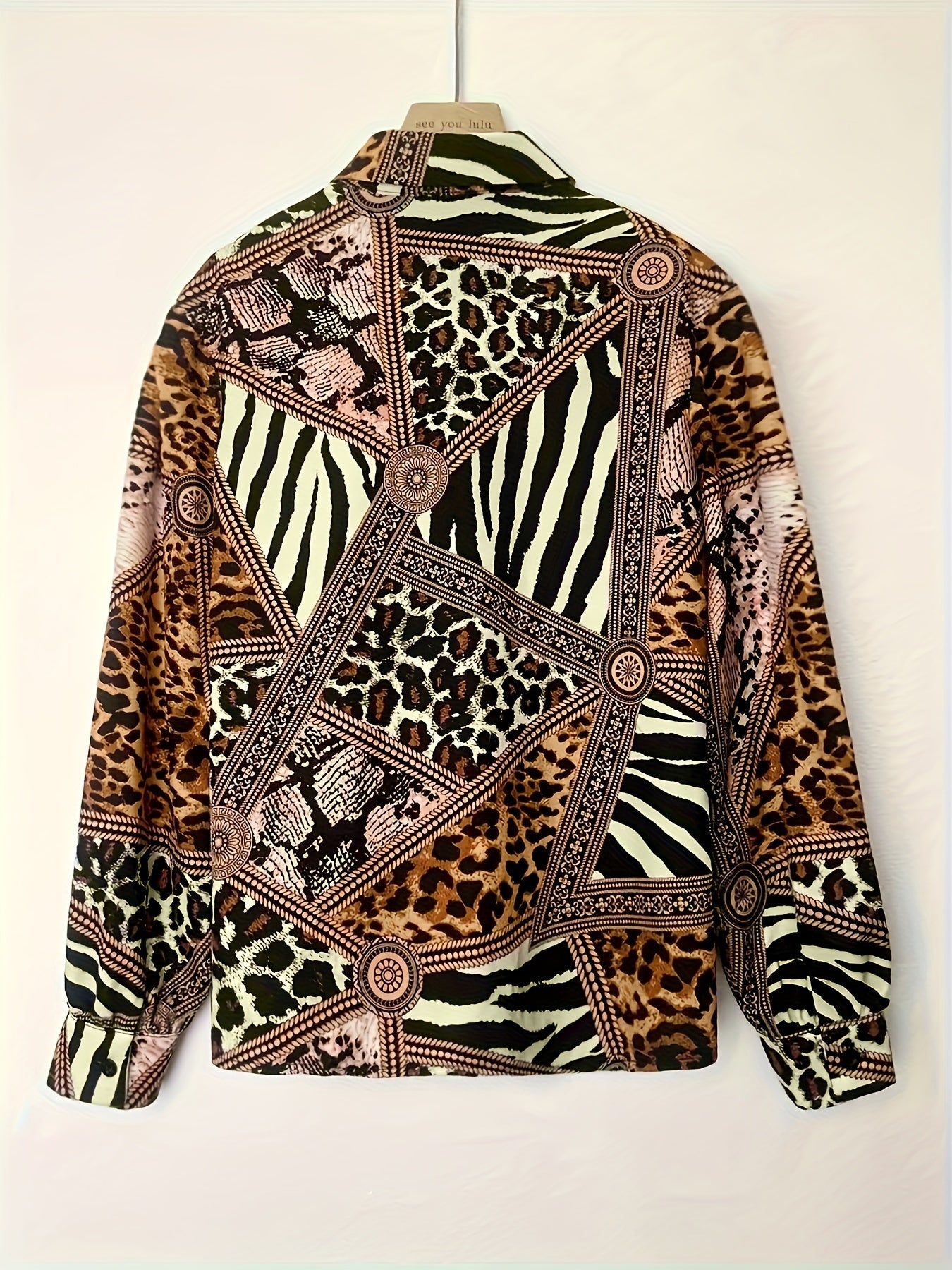  Colorblock Leopard Print Button Up Lantern Sleeve Blouse