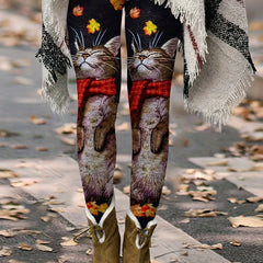 Cat & Leaf Print High Rise Skinny Trousers