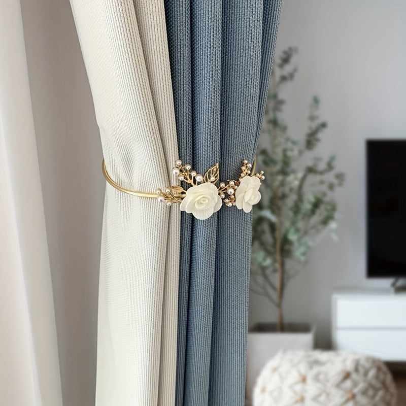 Metal Faux Pearl Curtain Holdback with Flower Accent