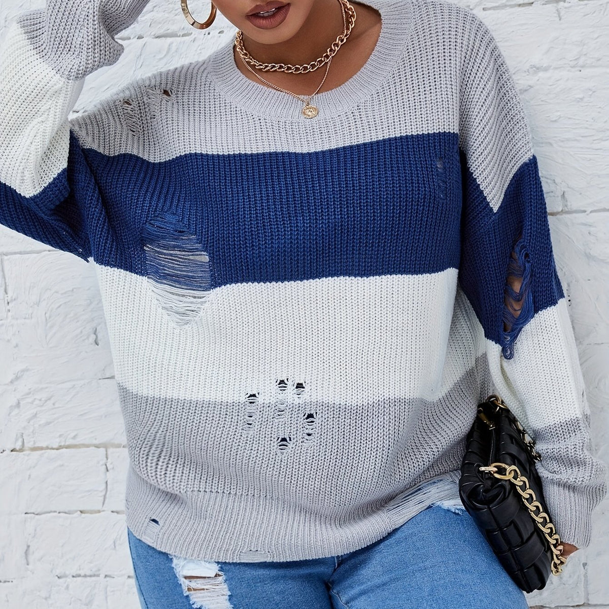  Casual Sweater Women's Plus Colorblock Ripped Drop Shoulder Sweater