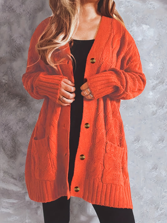  Solid Cable Button Long Sleeve V Neck Knit Cardigan