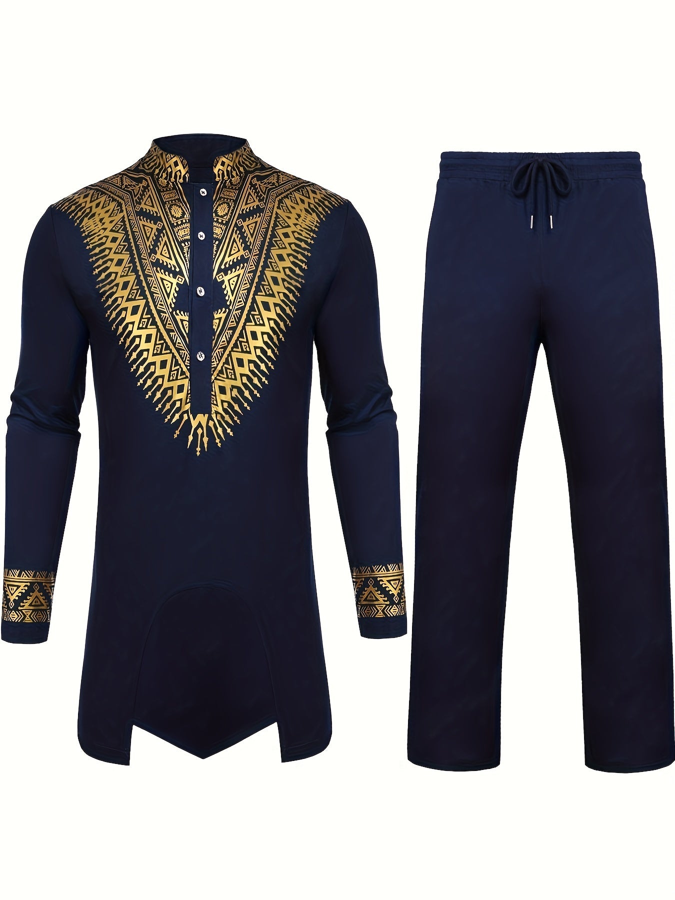 African 2 Piece Set Metallic Golden Pattern Print Cotton Dashiki Shirt And Pants