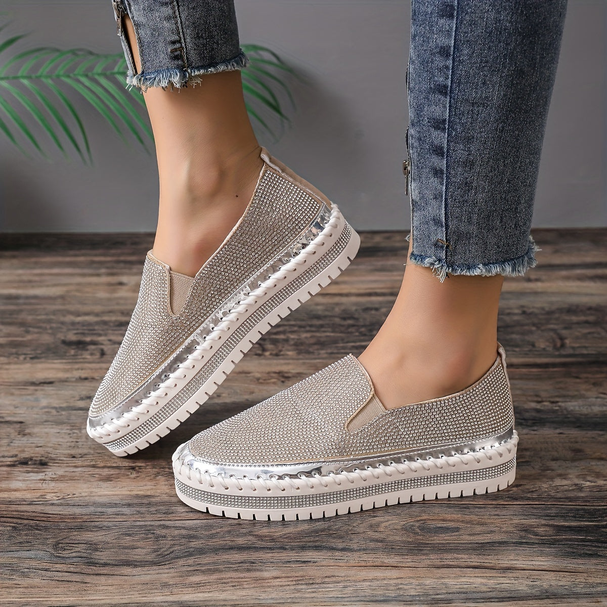 Women's Platform Rhinestone Sneakers Slip On Outdoor Shoes