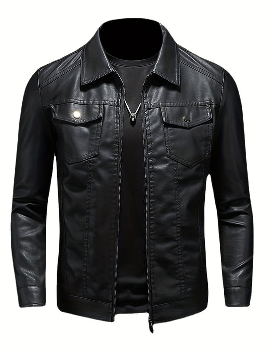 PU Biker Jacket Men's Zip Up Faux Leather Spring Fall