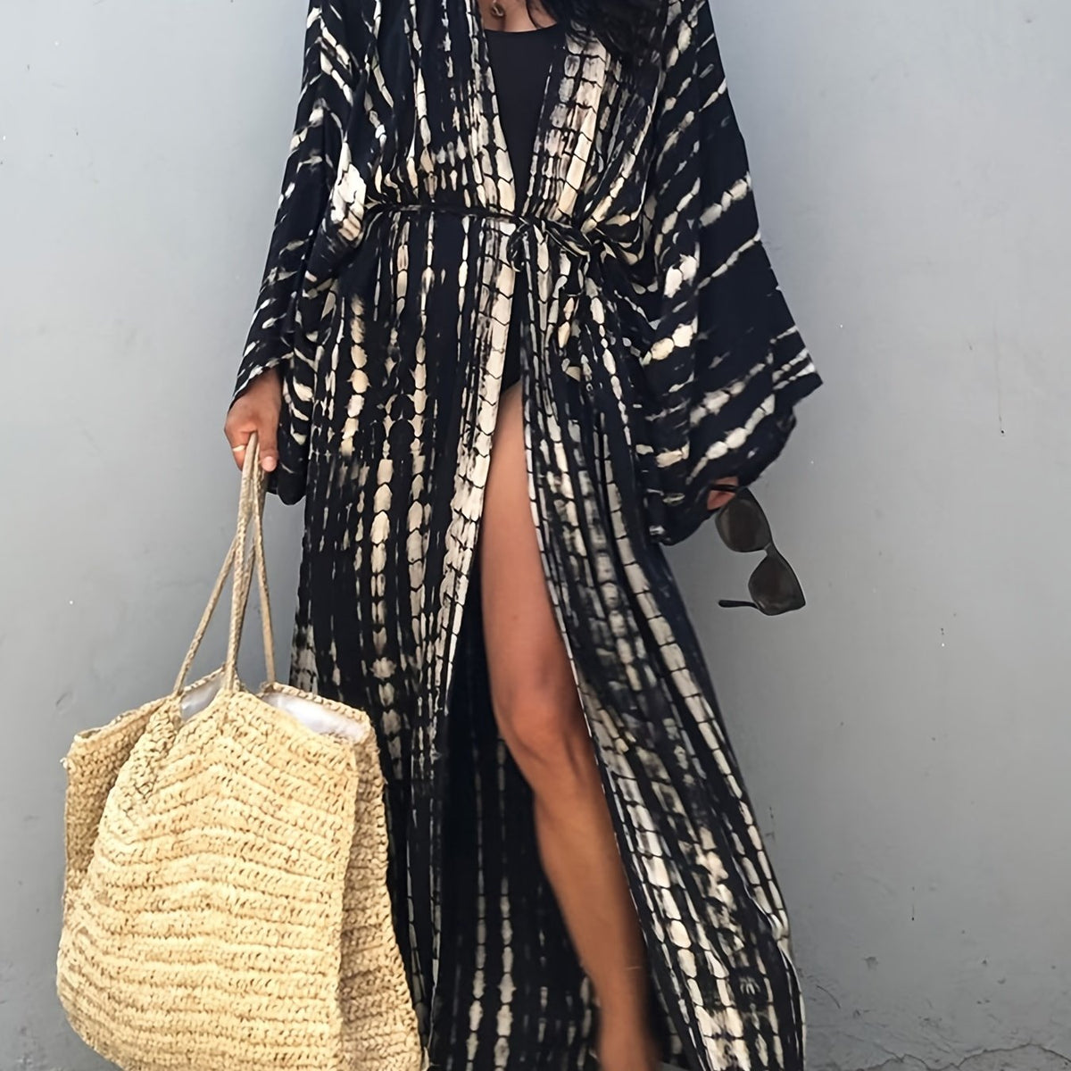 Boho Tie Dye Long Tunic Striped Kimono Cover Up