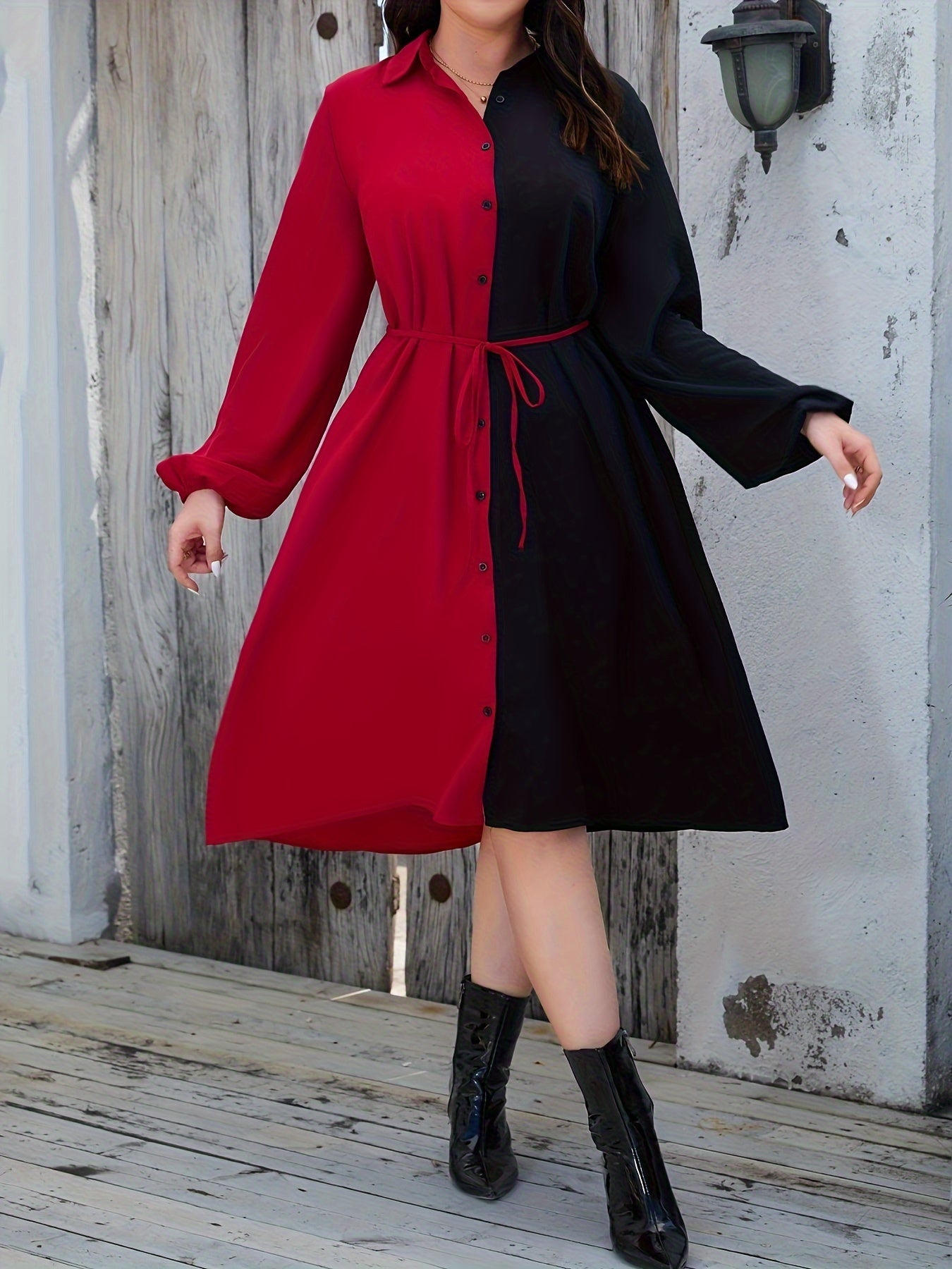  Colorblock Lantern Sleeve Shirt Dress With Belt