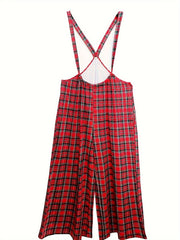  Plaid Print Wide Leg Overalls With Pockets