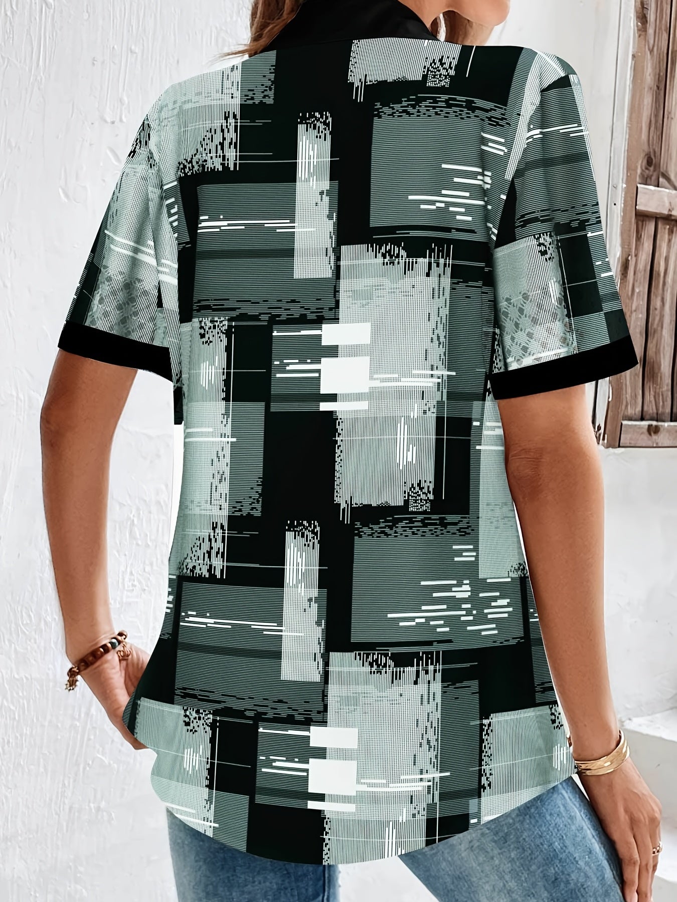  Colorblock Button Up Short Sleeve Blouse