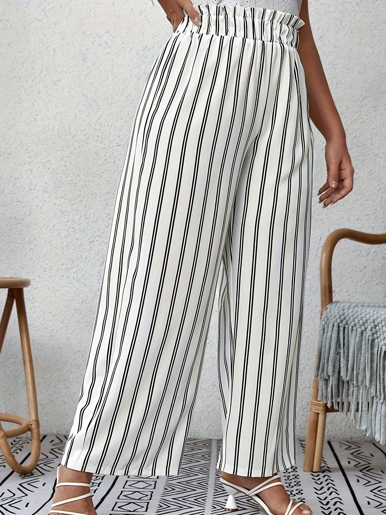  Stripe Print Paperbag Waist Wide Leg Trousers