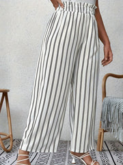  Stripe Print Paperbag Waist Wide Leg Trousers