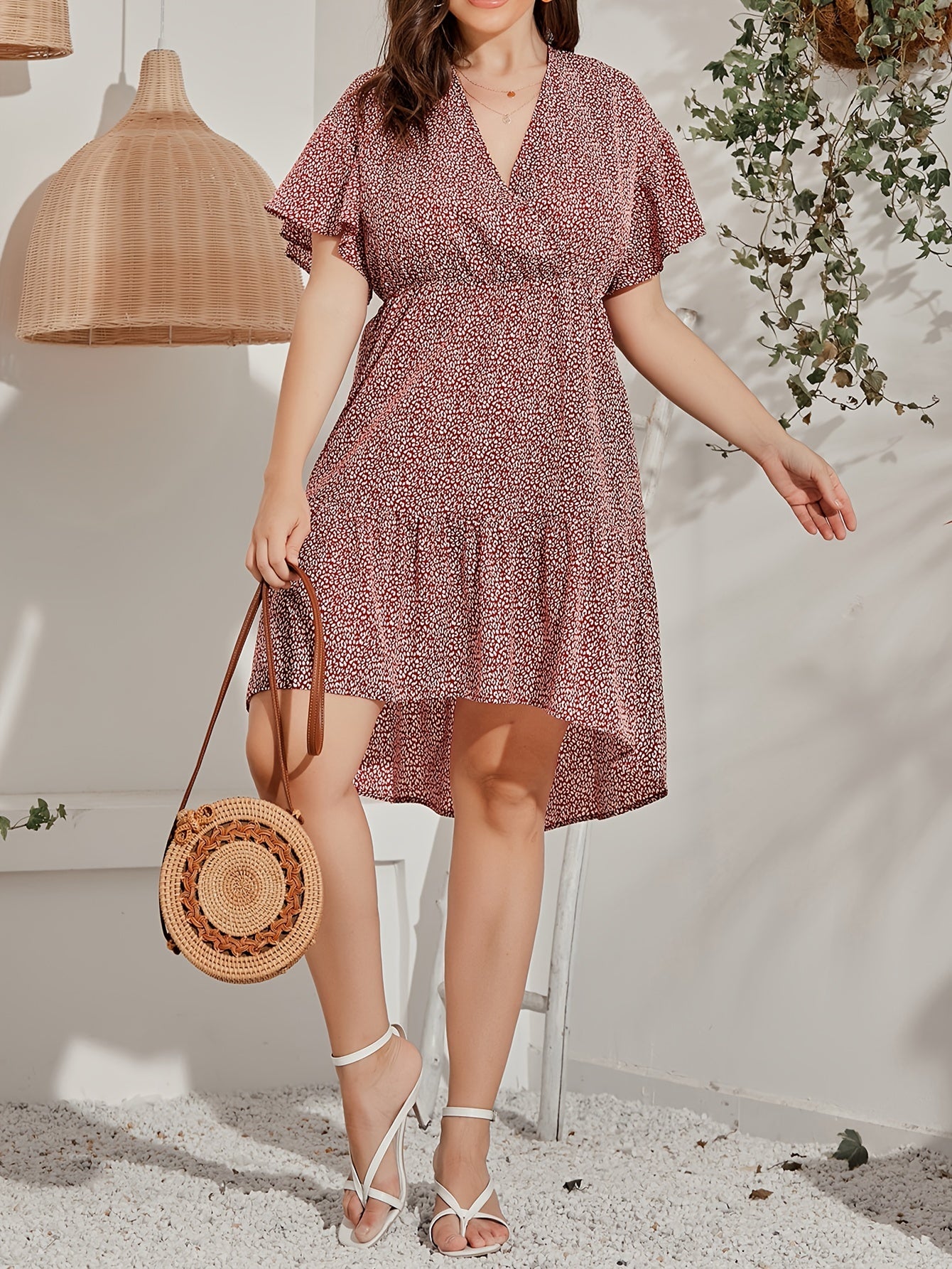Women's Plus Dalmatian Print Ruffle Trim Dress
