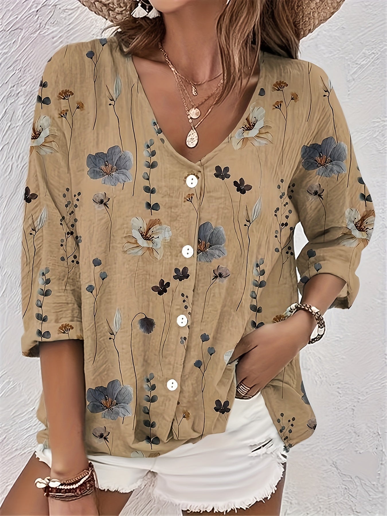Floral Print Button Up V Neck Top Plus Size