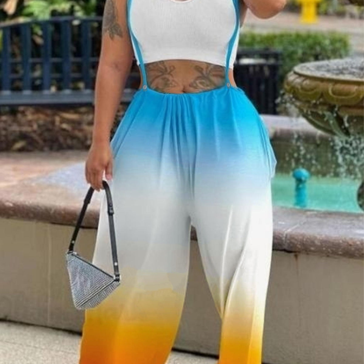  Sexy Halter Neck Crop Top & Ombre Print Jumpsuit Set