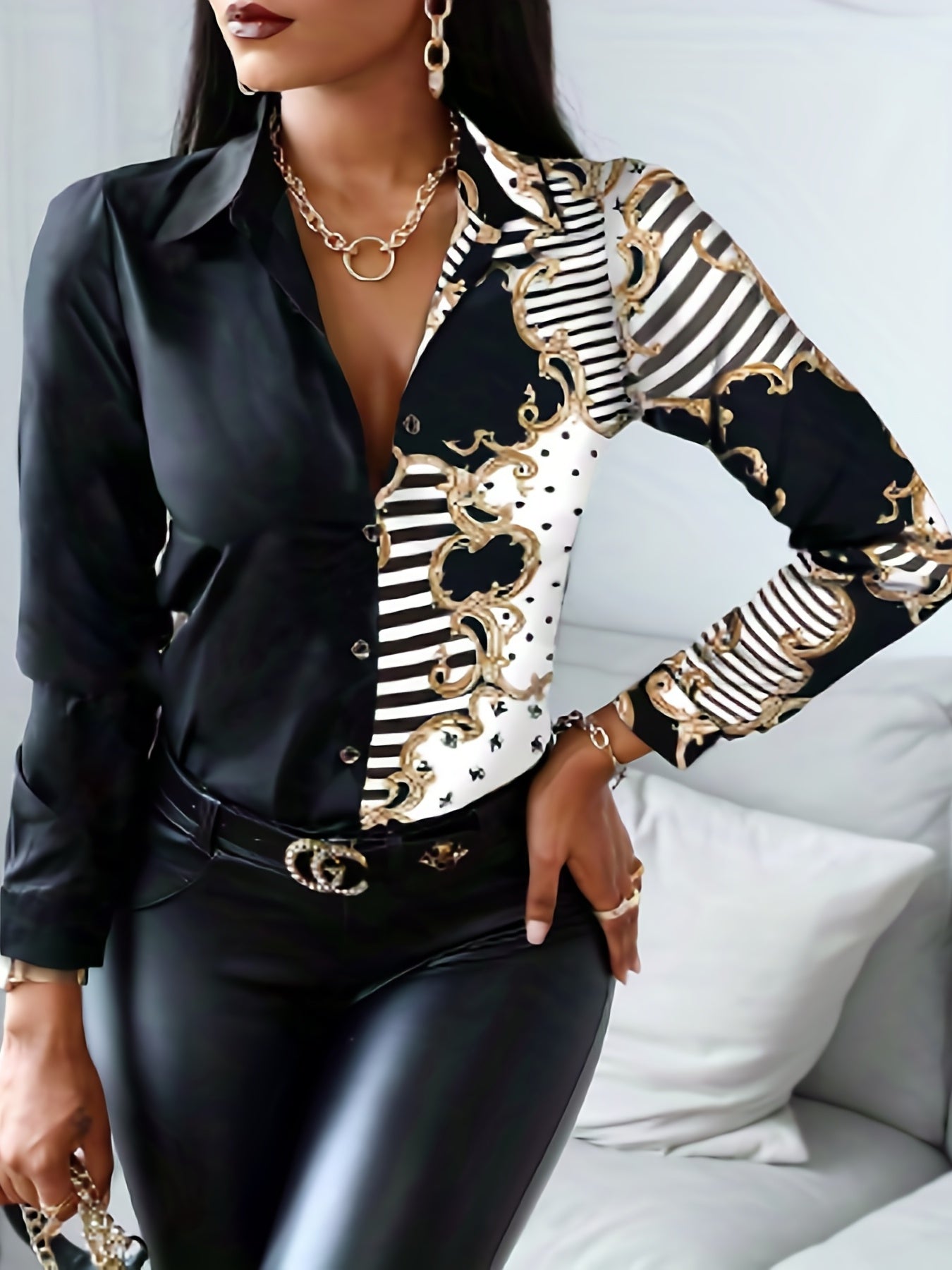  Colorblock Baroque Print Button Up Blouse