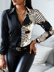 Colorblock Baroque Print Button Up Blouse