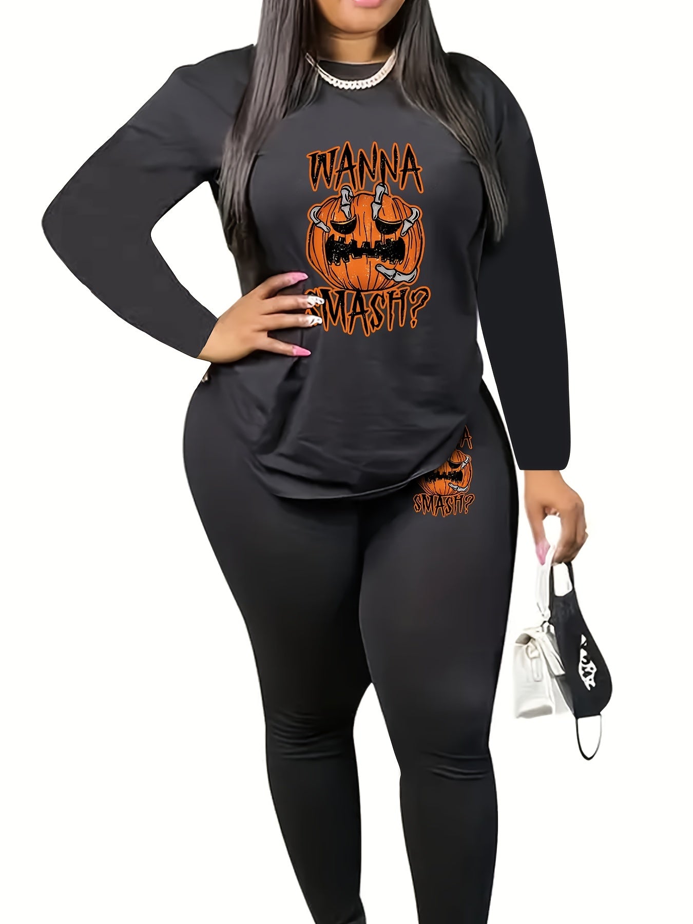  Halloween 2pcs Set Women's Plus Graphic Print Tee & Leggings Set