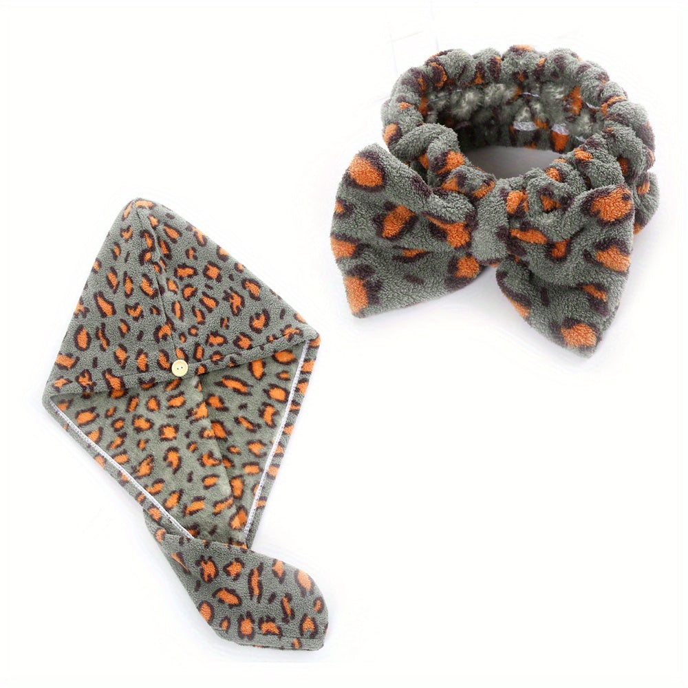Leopard Printed Hair Towel Cap Set for Women - Quick Drying Shower Cap