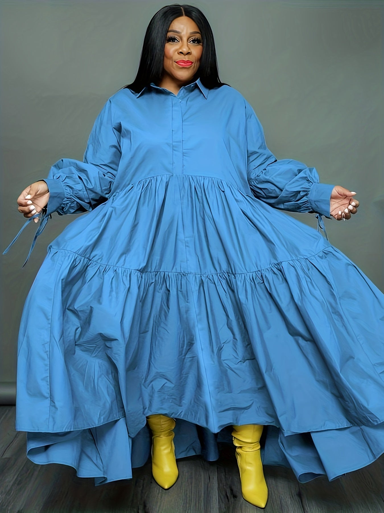 Solid Long Sleeve Maxi Dress Women's Plus Turn Down Collar Long Dress