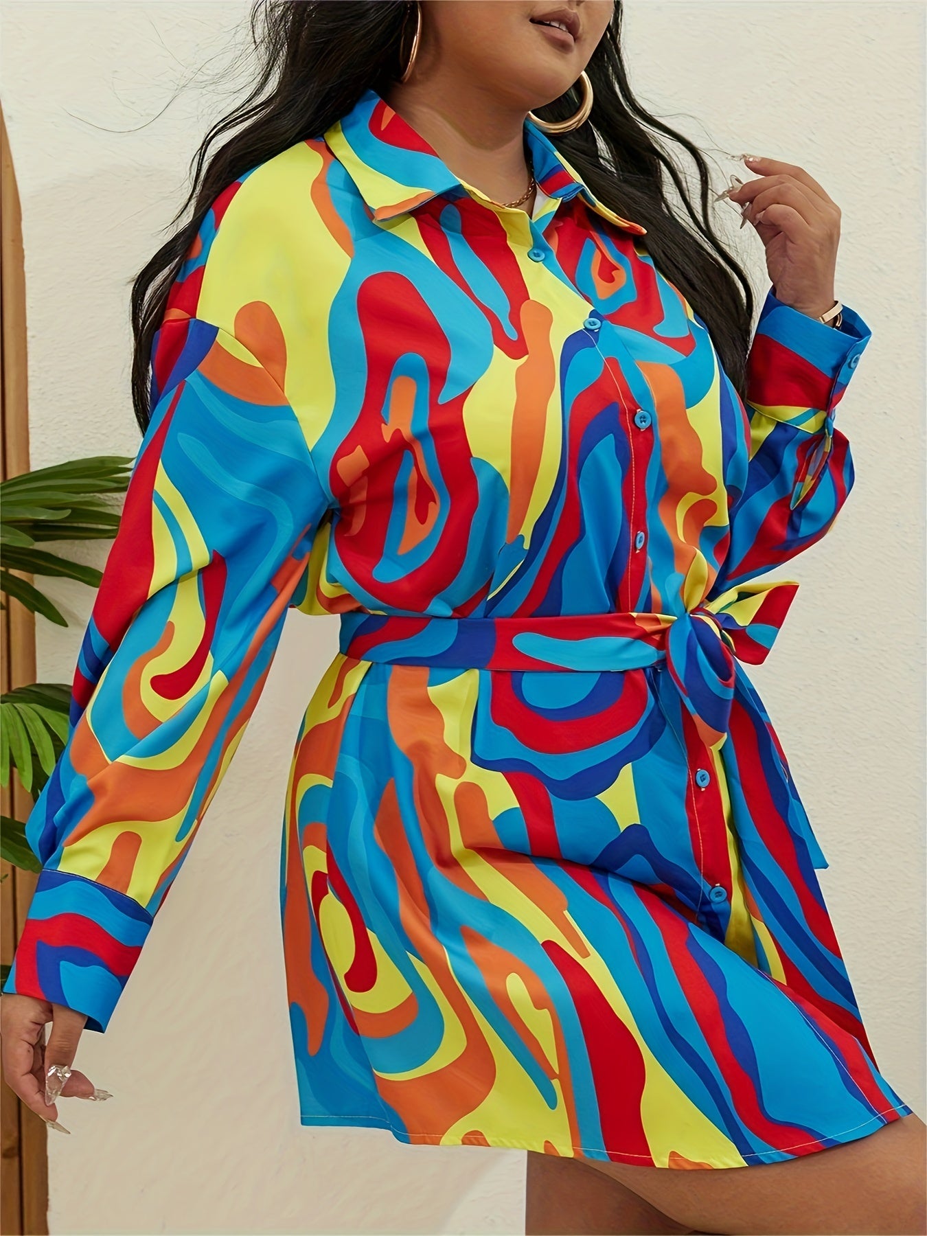 Women's Plus Print Long Sleeve Shirt Dress With Belt