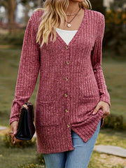  Solid Ribbed Button Up Cardigan with Pockets