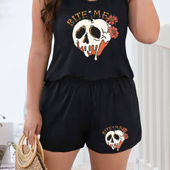  Floral Skull & Letter Print Pajama Set